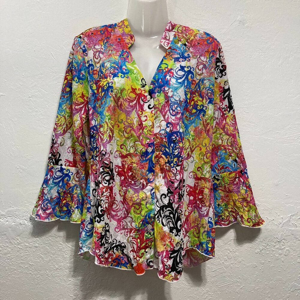 SnoSkins Button up Top Sheer 3/4 Bell Sleeve Colorful Artsy Fairy Lagenlook M